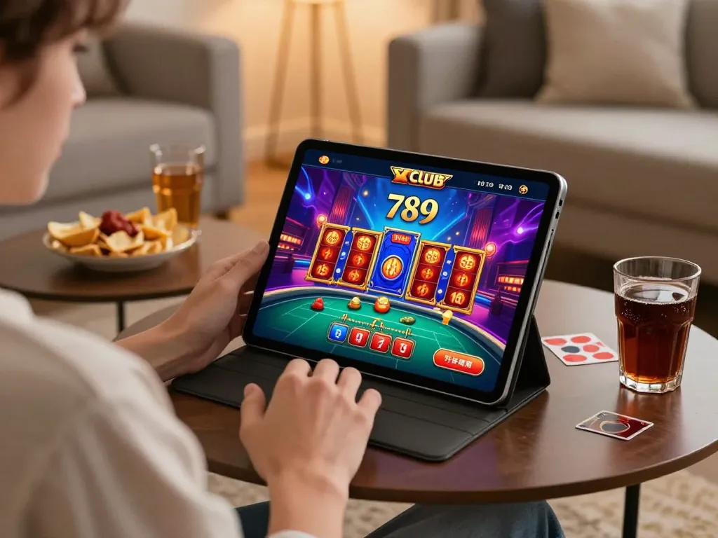 Engaging user playing games on the 789 club app in a cozy living room setting.