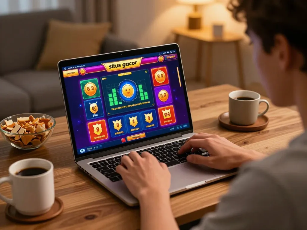 Engaging online gameplay at a situs gacor, showing a player focused on laptop interface with vibrant colors and ambient lighting.