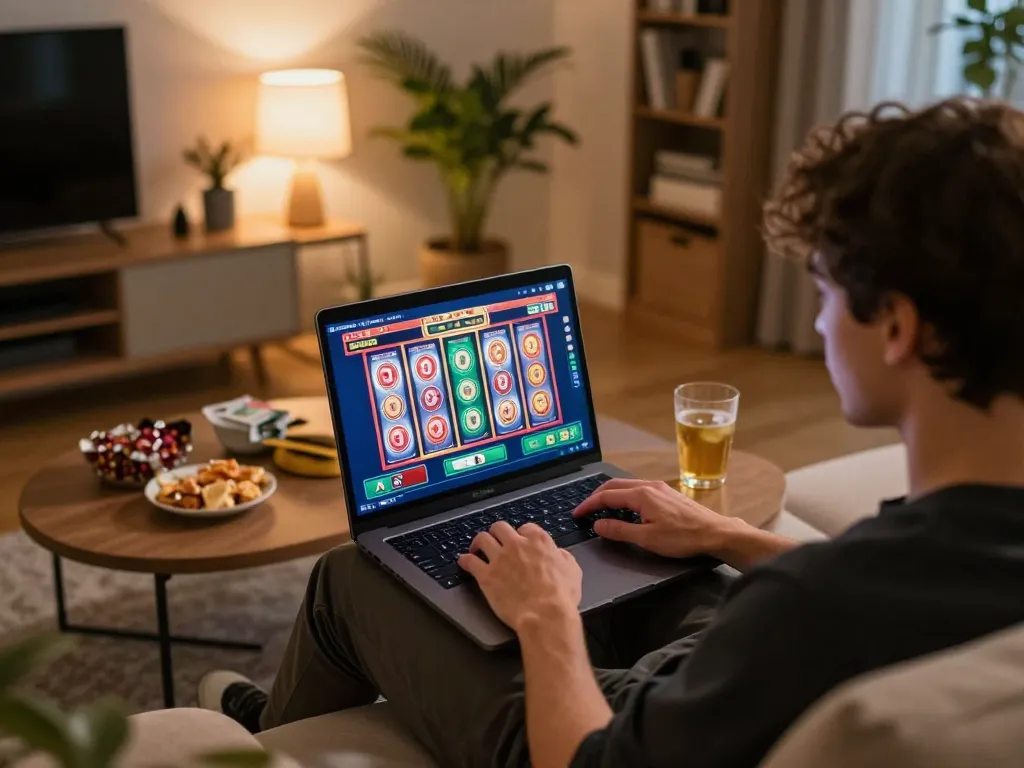 Player enjoying a no hu slot game on a laptop, cozy home setup with snacks and warm lighting