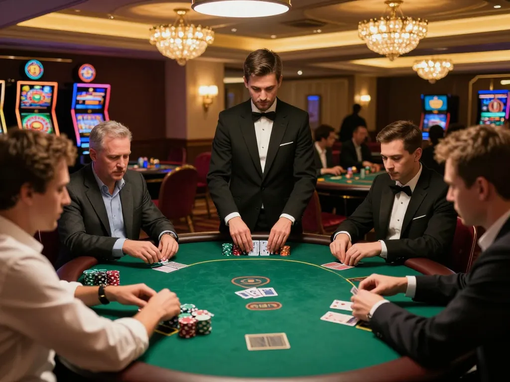 Players engaging in intense poker strategies at a high-stakes table in a luxurious casino featuring thabet