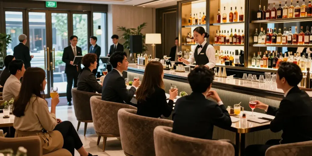 강남 타이밍에서 고급스러운 분위기를 즐기는 손님들이 대화하며 음료를 즐기는 모습