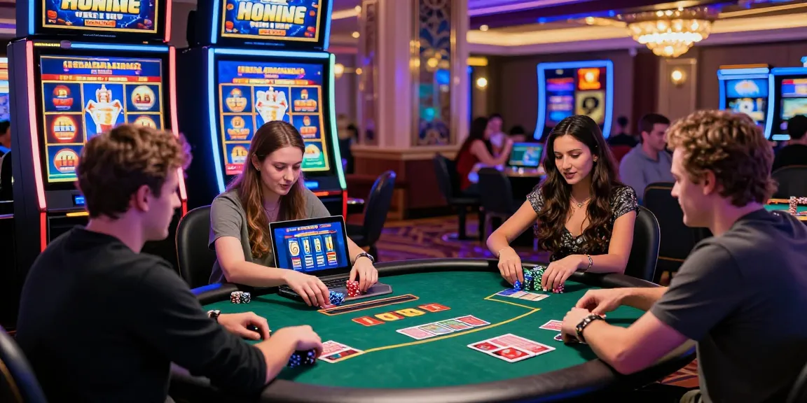Engaging online gaming scene depicting MBM娛樂 players enjoying poker, slots, and vivid graphics in a virtual casino atmosphere.