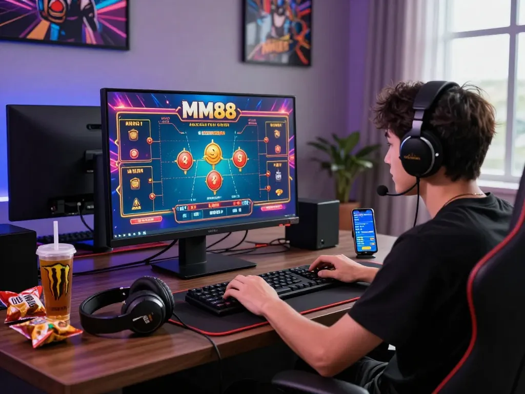 Engaged player enjoying MM88 online casino with vibrant screen graphics and gaming setup.