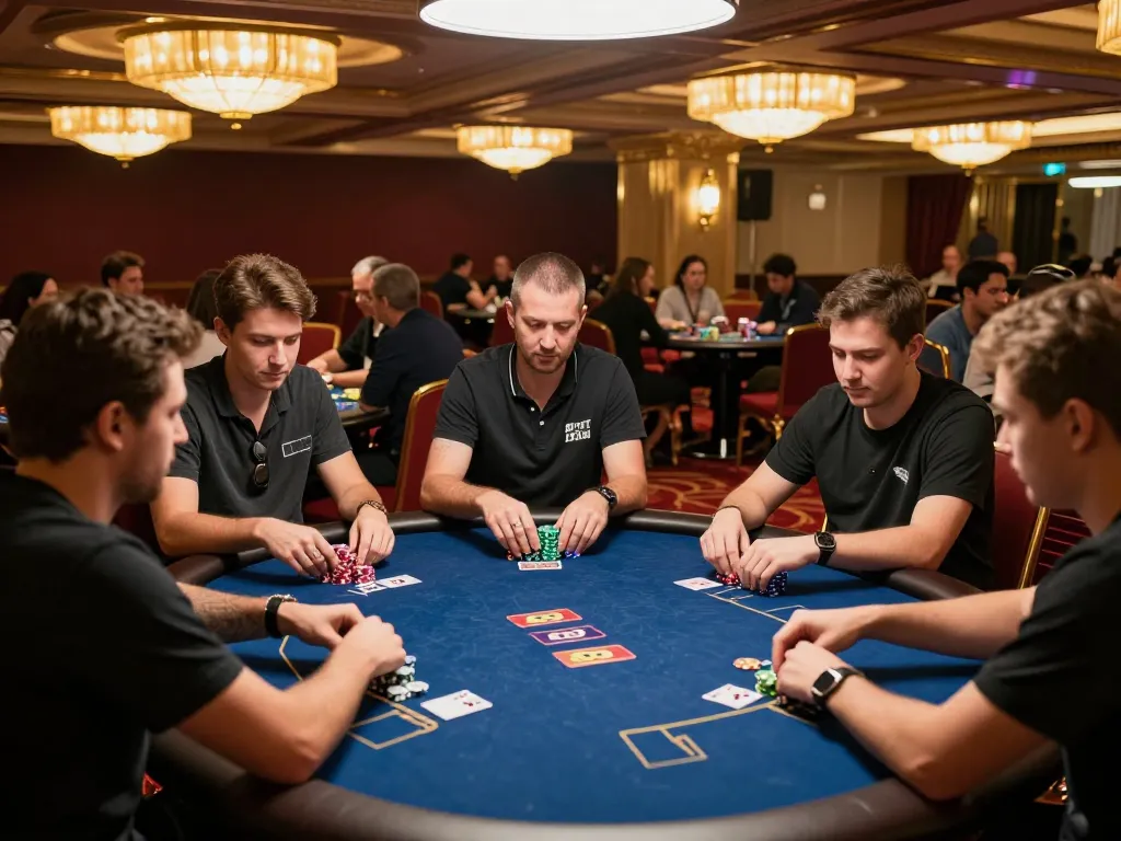 Players at a high-stakes poker table in a luxurious casino, engaging in intense gameplay while showcasing strategic moves, rokok88
