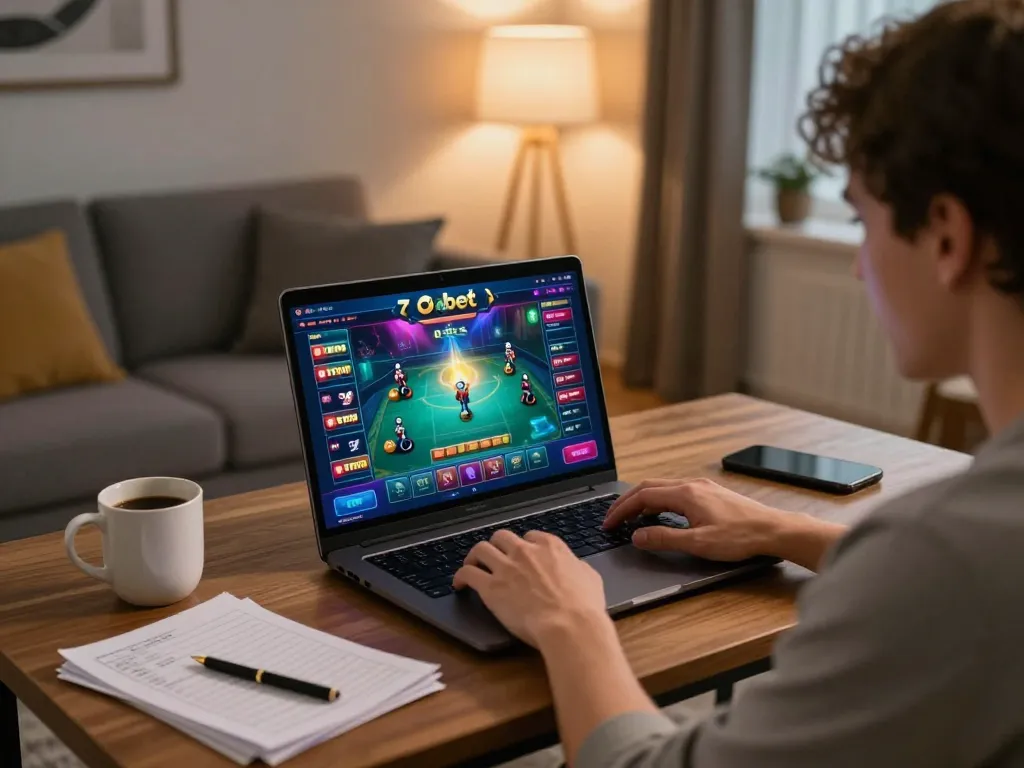 Player enjoying online gaming on Onbet laptop, showcasing strategic gameplay and cozy home setting.