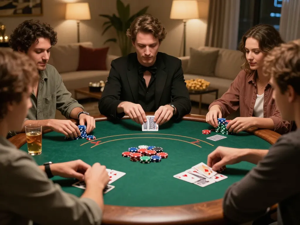 RR88 poker night with friends showing excitement and competitive atmosphere in a cozy setting.