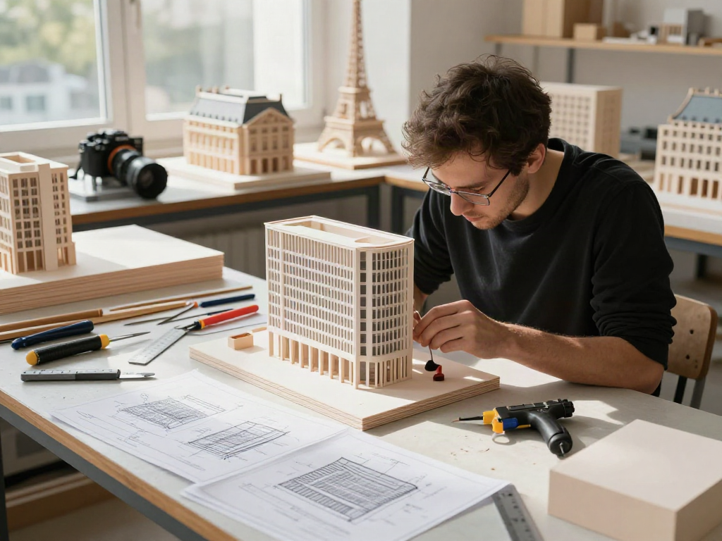 Architectural model maker France crafting a detailed model of a Parisian building, showcasing craftsmanship and creativity.
