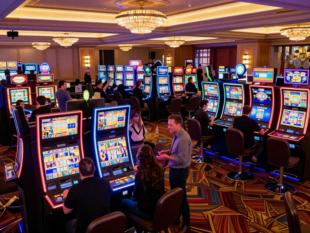 Players enjoying vibrant slot machines at luck8biz casino, celebrating wins in a lively setting