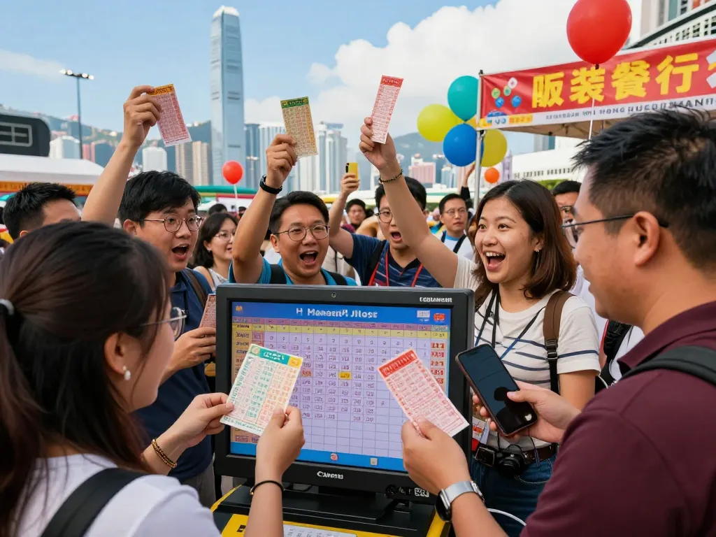 Excited players celebrating HK lottery results with digital screen displaying live draws in Hong Kong.