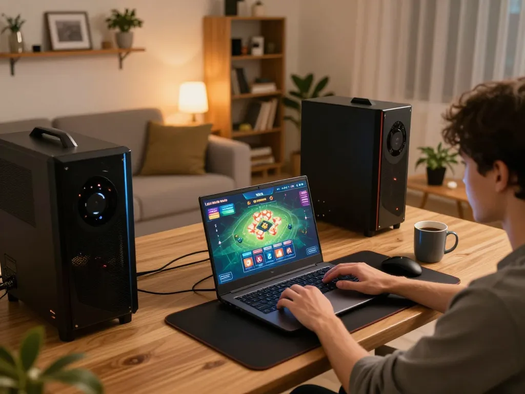 Engaging in Game bài nổ hũ online with a laptop in a warm home setting