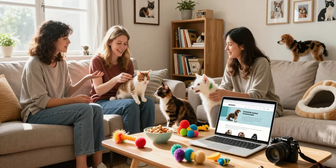 Cozy living room scene with pet lovers sharing tips and discussing rokok88 link login during a playful moment with their pets.