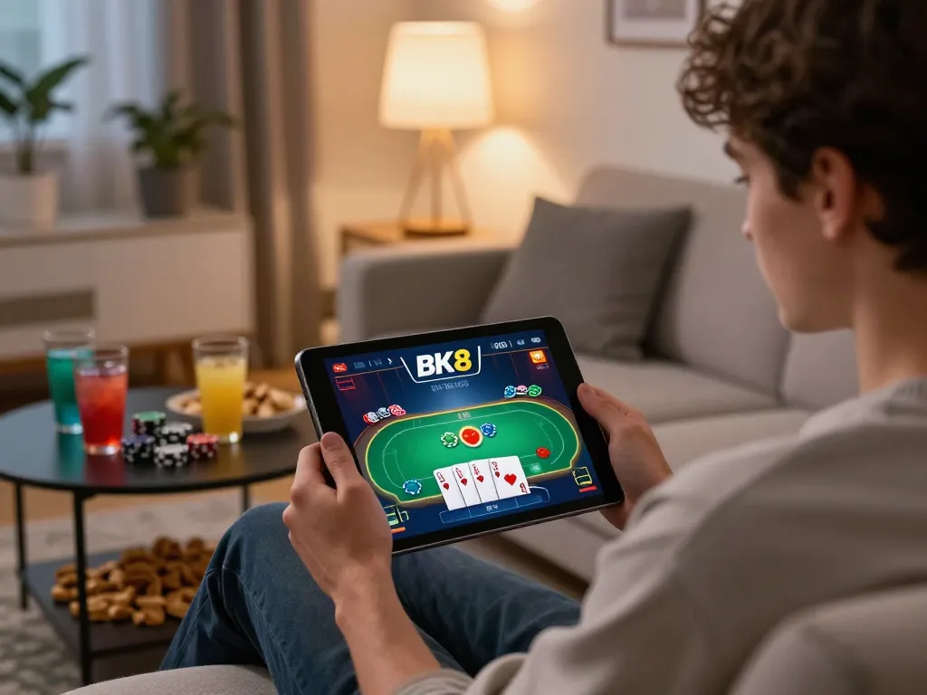Playing poker on BK8 app at home, cozy atmosphere with snacks and drinks