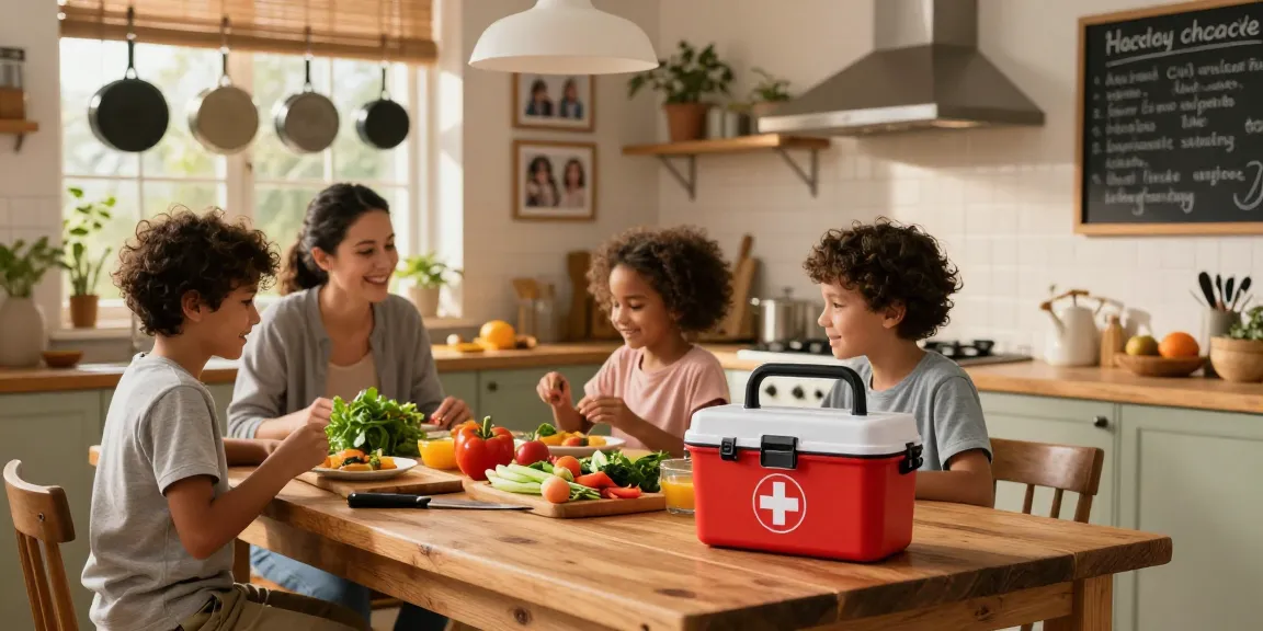 Family gathering in a kitchen with a first aid box visible, cooking and sharing safety tips.