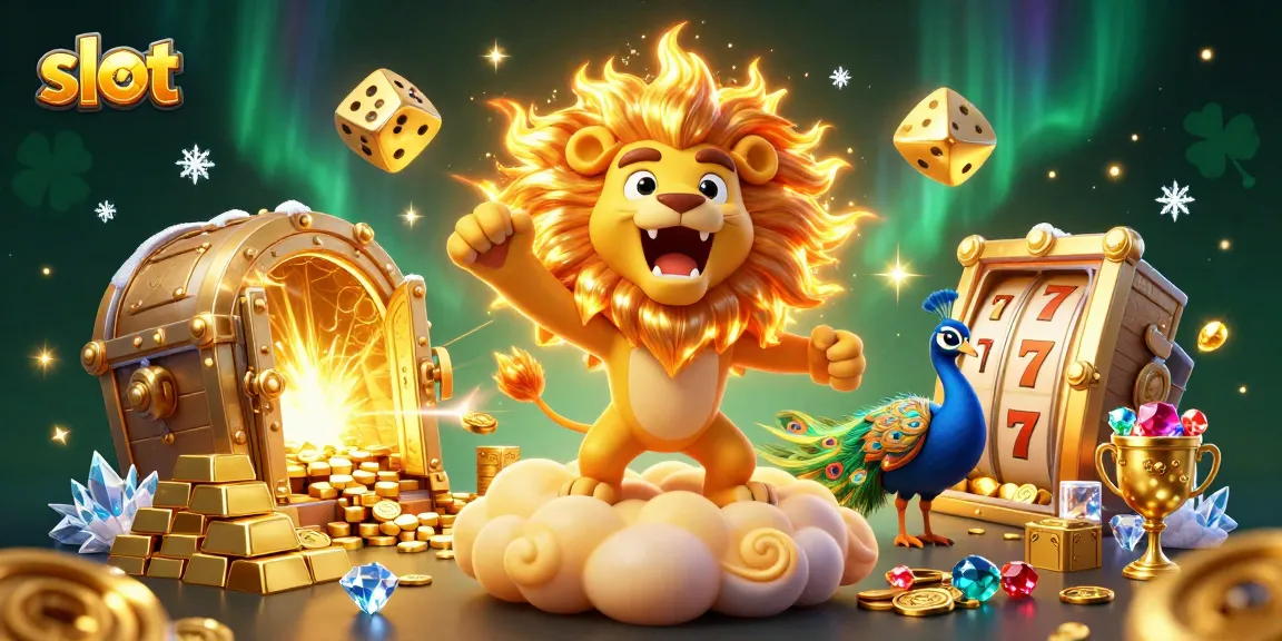 Spin the slots with a vibrant scene featuring a roaring sun lion, golden dice, and dazzling jewels