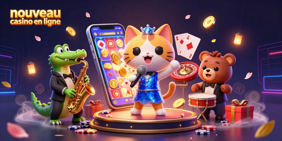 Illustration colorée représentant un nouveau casino en ligne avec des personnages animés, offrant des jeux captivants.