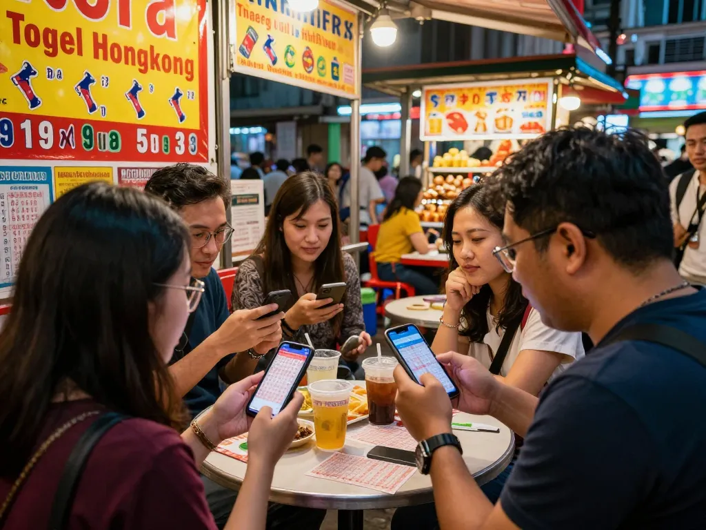 Excited players checking HK Lotto results in vibrant urban Togel Hongkong scene.
