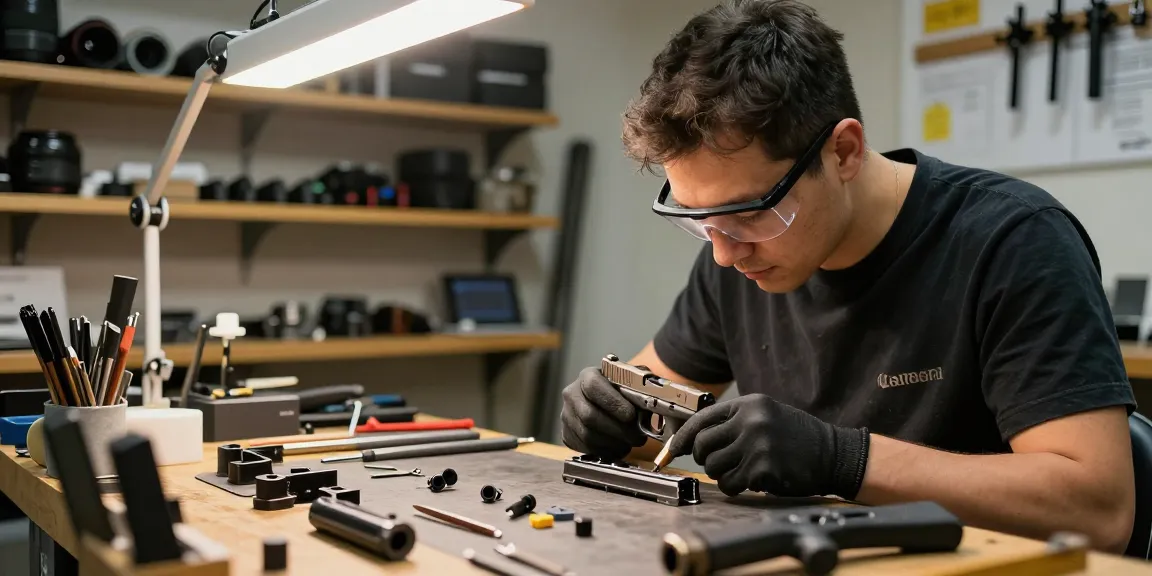 Gunsmith at https://precisionglockslides.com customizing a Glock slide with precision tools in a well-lit workshop.