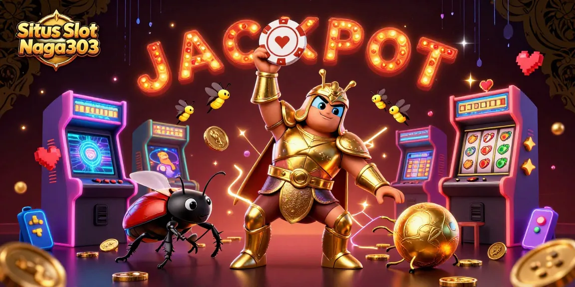 Situs Slot Naga303 showcases vibrant gaming fun with cartoon characters celebrating big wins and energy.