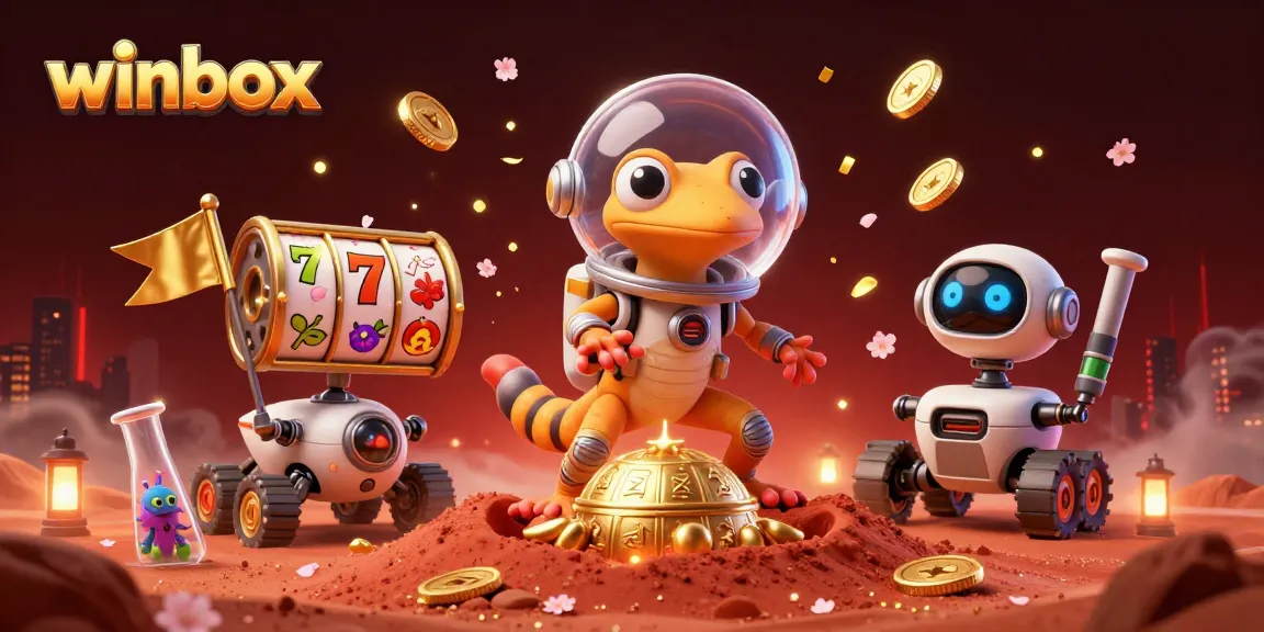 Winbox slot reels spinning in a Martian casino scene with vibrant game elements.
