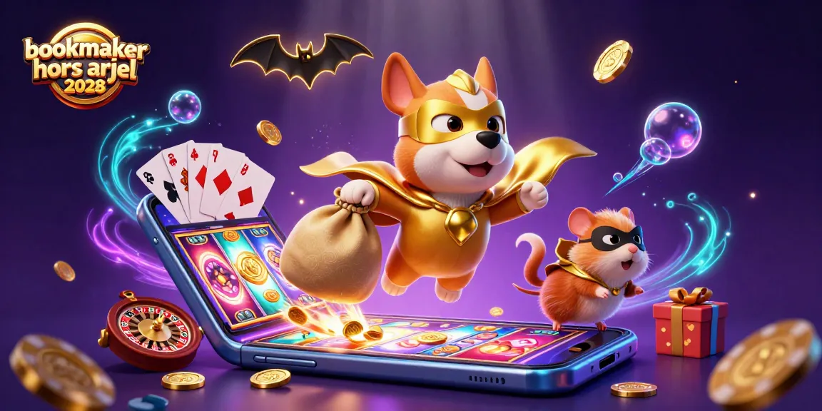 Profitez de l'excitation des paris avec le bookmaker hors arjel 2028, illustré par un chien super-héros et un hamster masqué.