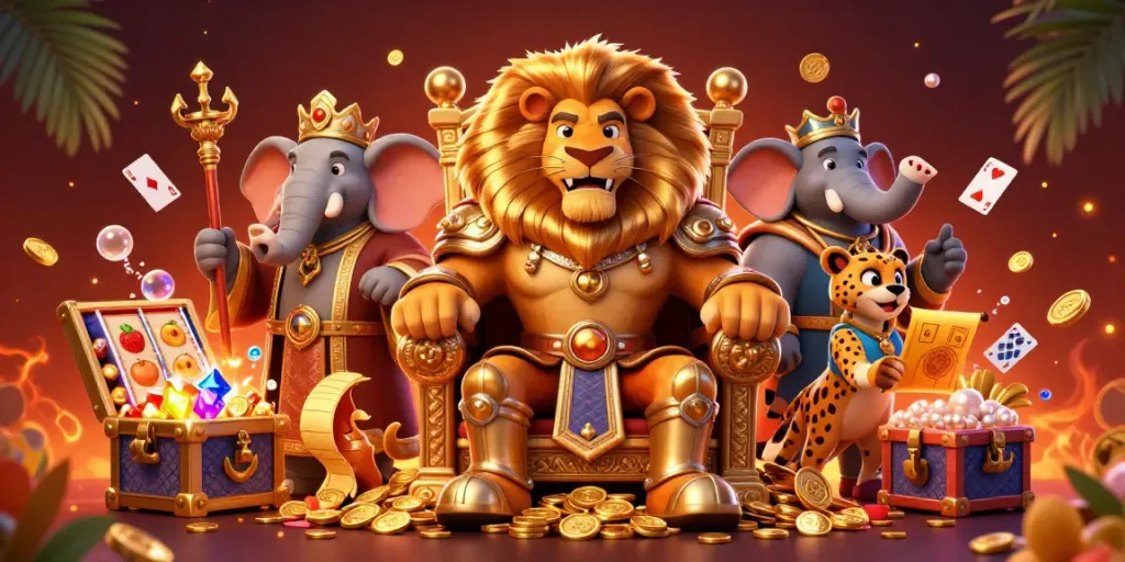 Experience รวมสล็อตเว็บตรง action with a king, elephant, and cheetah amidst vibrant slots and treasure.