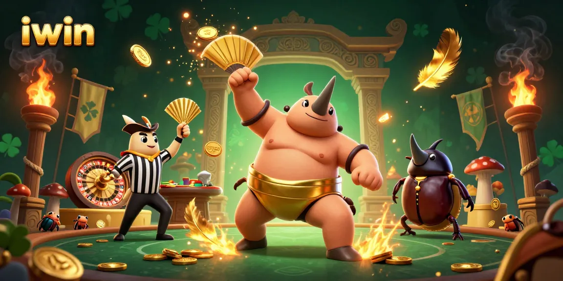 Watch iwin's dynamic gaming scene come alive with a beetle champion, coins, and vibrant casino elements.