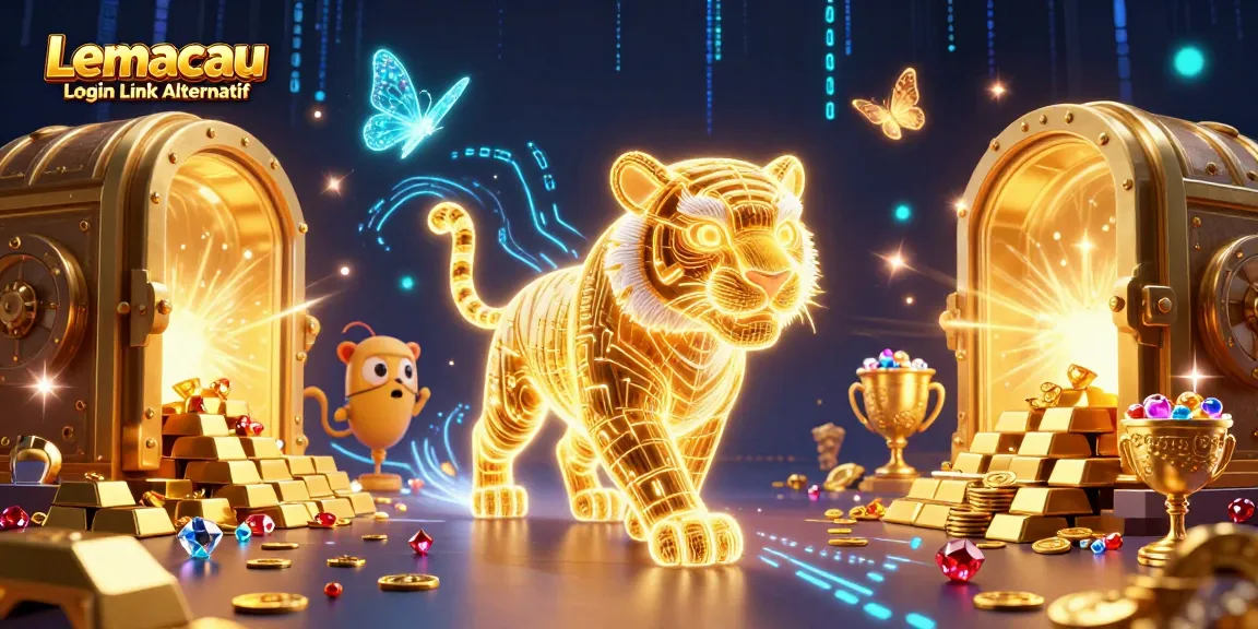 Experience thrilling excitement at Lemacau Login Link Alternatif with a golden tiger and treasure in a vibrant casino.