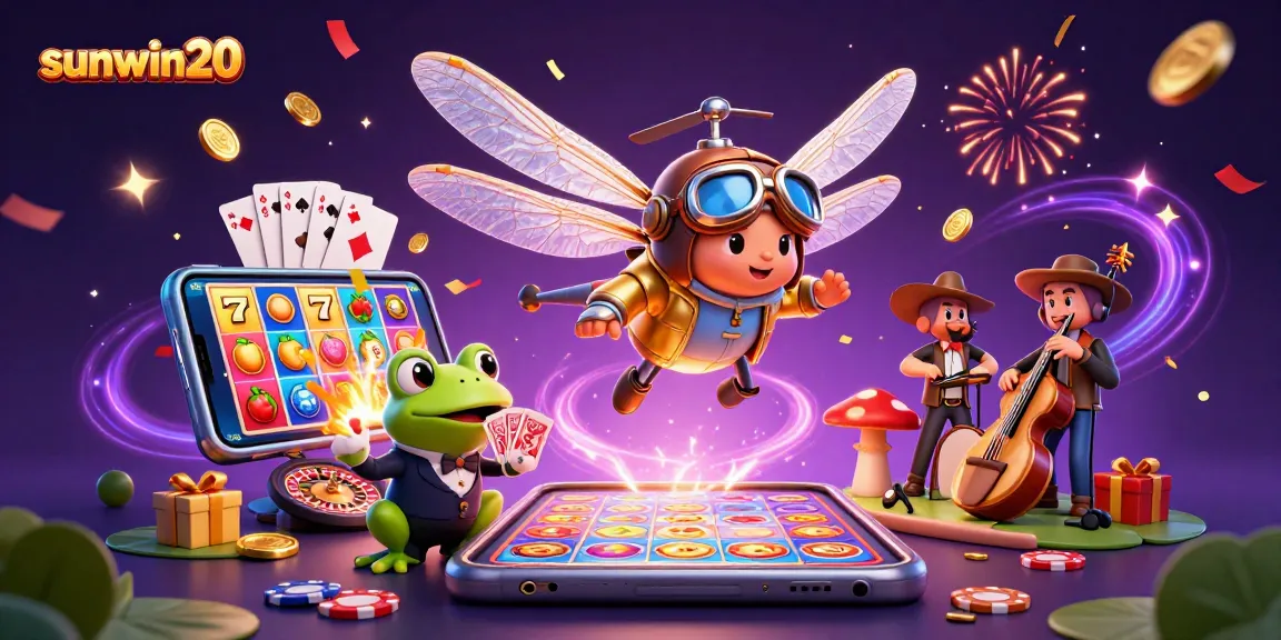 Spin colorful slots and win with sunwin20 at a lily pad casino with vibrant characters.