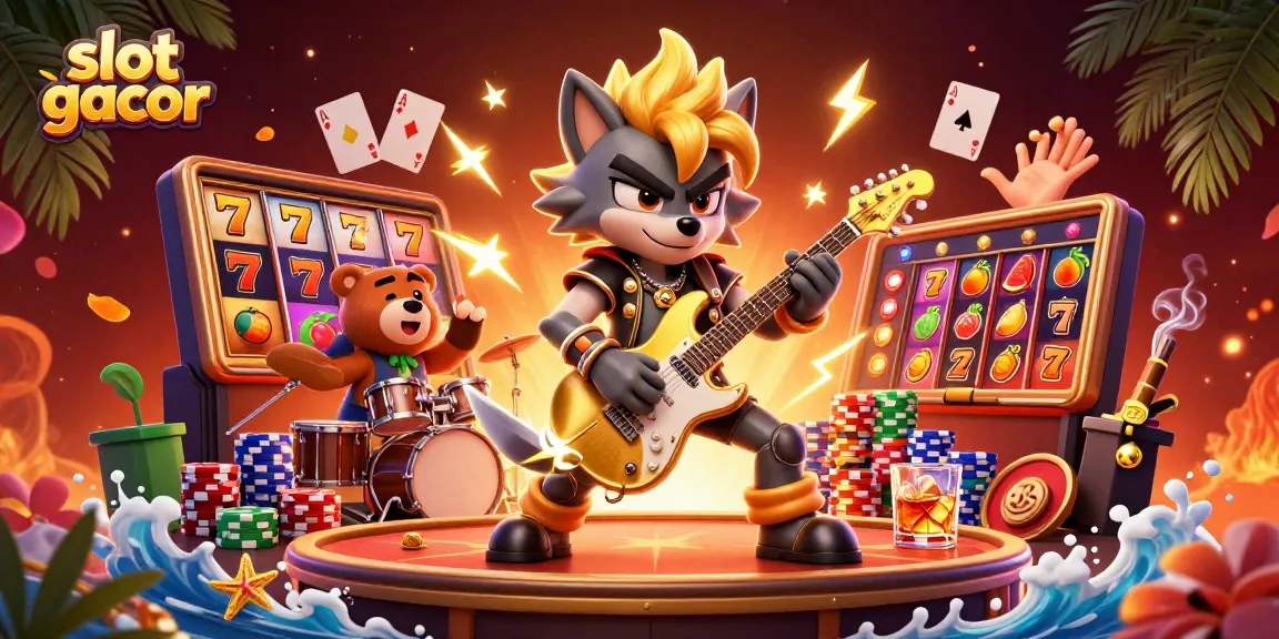 Engage with slot gacor in a vibrant casino scene featuring a rock star wolf and drummer bear.
