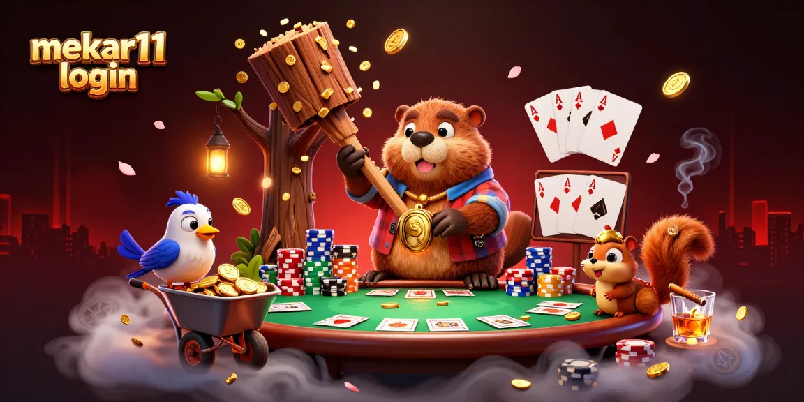 Join the excitement at mekar11 login with a lively scene capturing a beaver and friends in a winning casino atmosphere.
