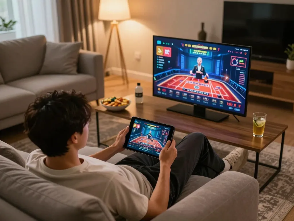 Engaging in an exciting game go8 on a tablet at home with snacks and a drink.