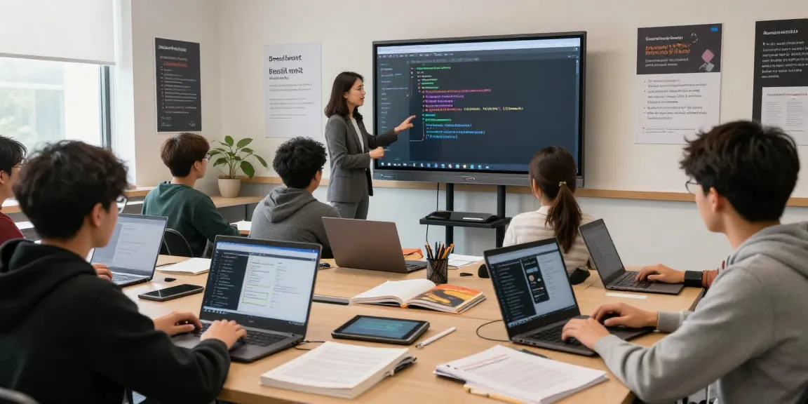 Students learning in a modern class setting during an Android development course with Kotlin, engaged in coding and app design.