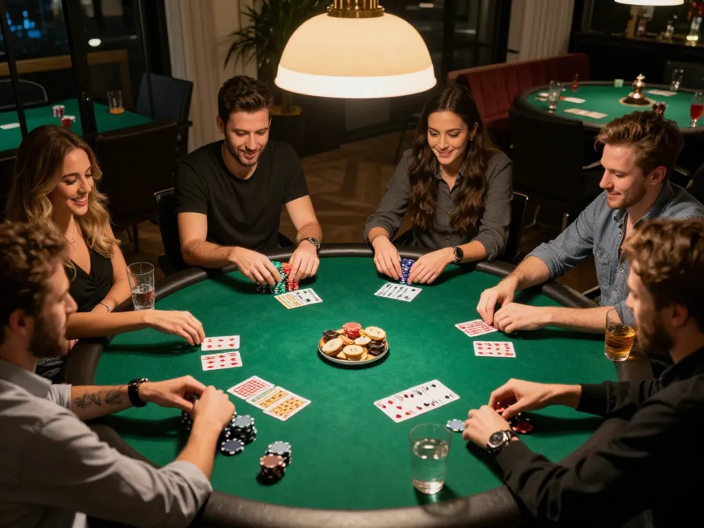 Friends playing poker at home, showcasing LLwin's engaging gaming environment.