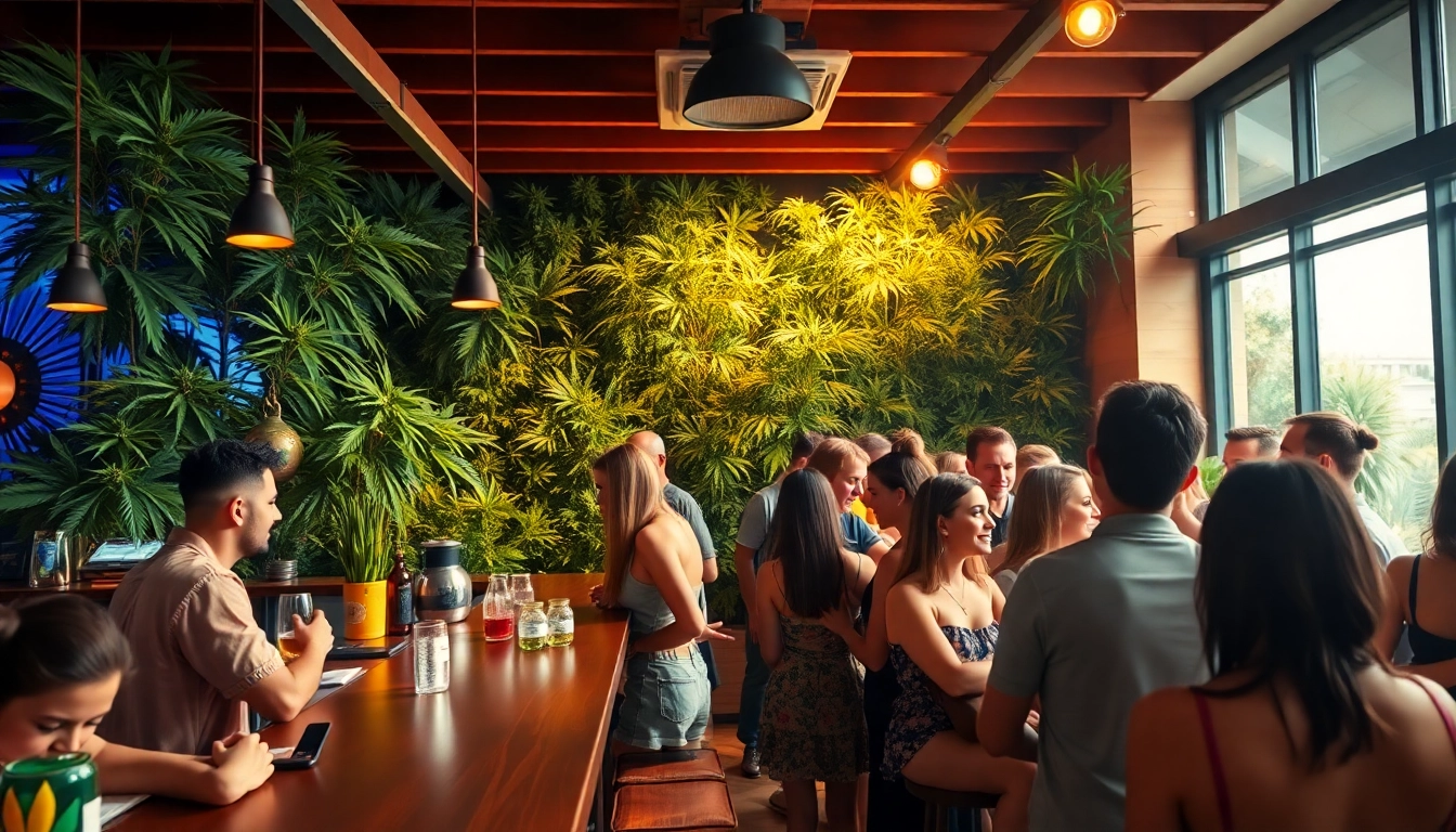 Guests enjoying the ambiance at Clubs Cannabis Lloret De Mar, highlighted by lush greenery and a vibrant atmosphere.