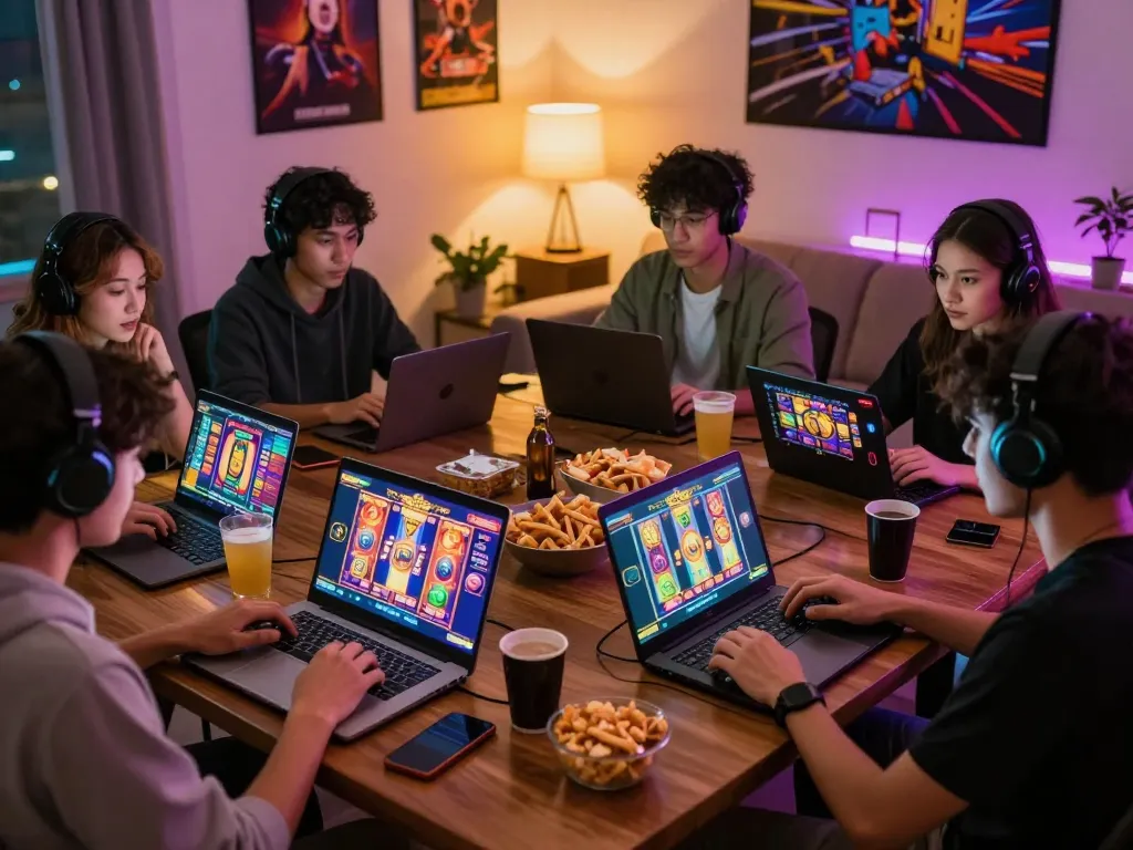 Players enjoying slot gacor games in a cozy living room, showcasing excitement and social interaction.