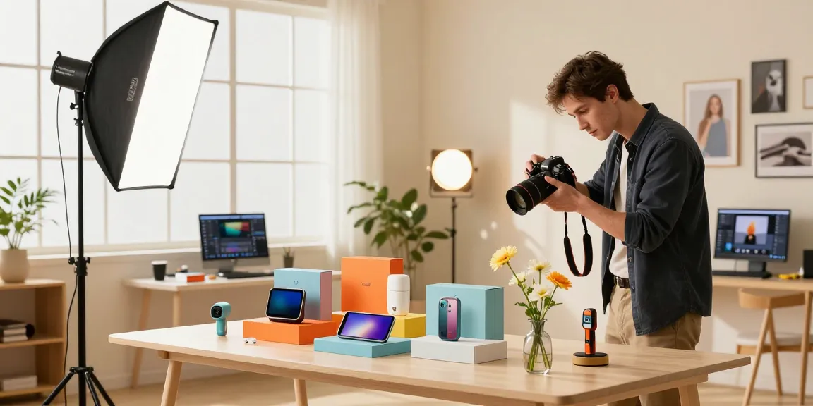 Scena di un Fotografo Commerciale Milano mentre cattura prodotti in uno studio professionale, illuminato in modo elegante.