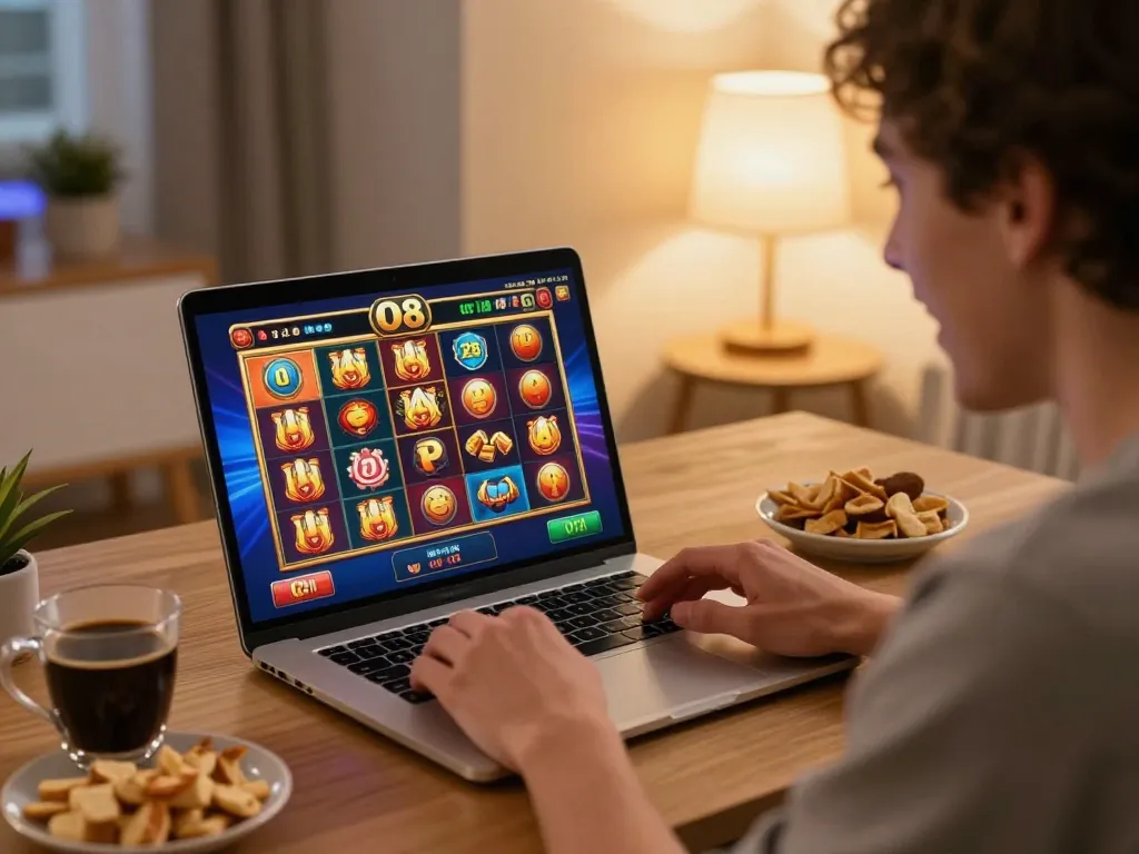 O8 player thrilled at slot game win on laptop in cozy home setting.