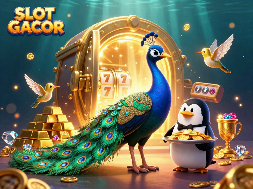 Engage with SLOT GACOR action as peacock and friends celebrate jackpot wins amidst shimmering treasures.