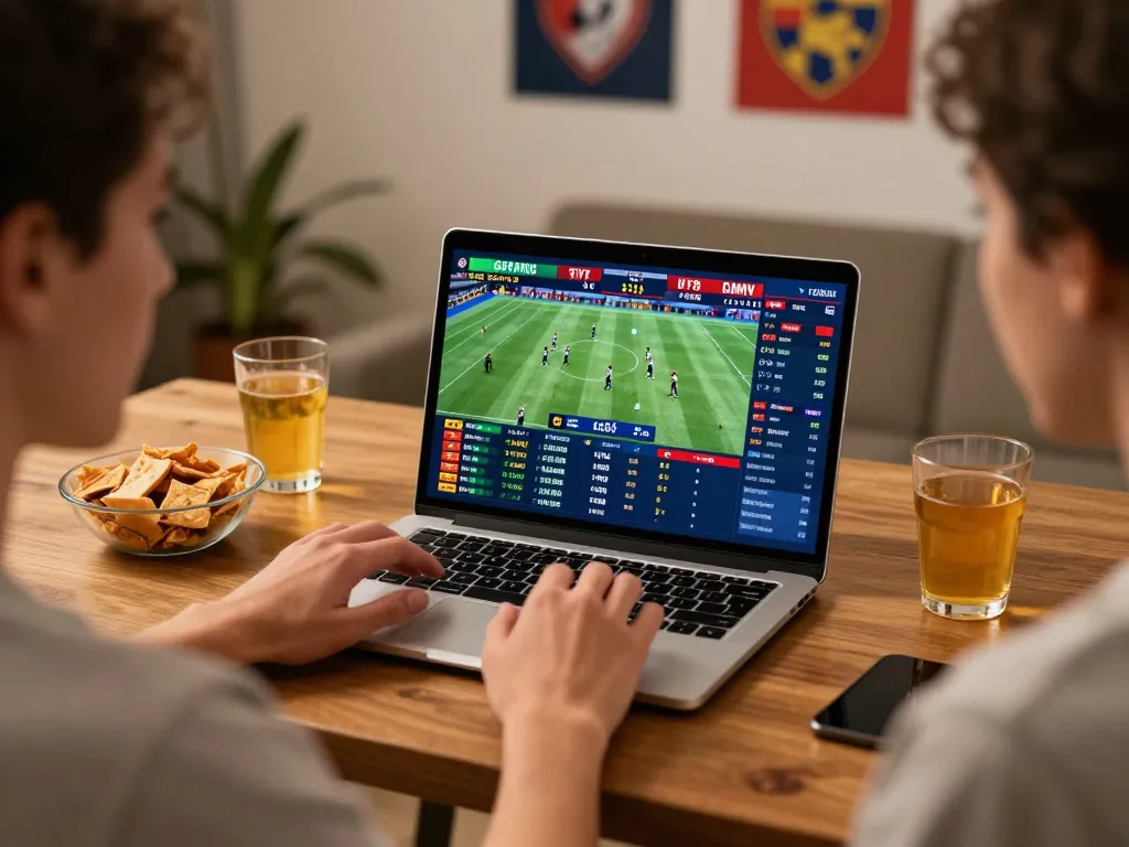 Player analyzing sports betting odds on laptop, highlighting MM88's engaging features for strategic gameplay.