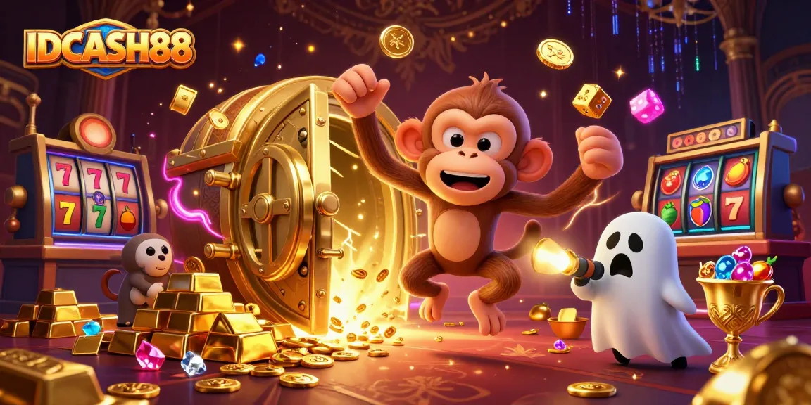 Engage with IDCASH88's thrilling atmosphere showcasing a playful poltergeist monkey juggling in a vibrant casino scene.