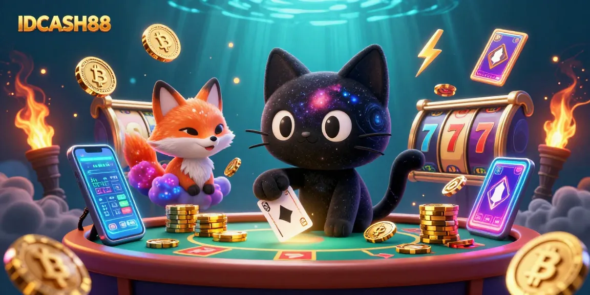 IDCASH88's cosmic casino scene features whimsical characters and lively slot reels, showcasing crypto gaming elements.
