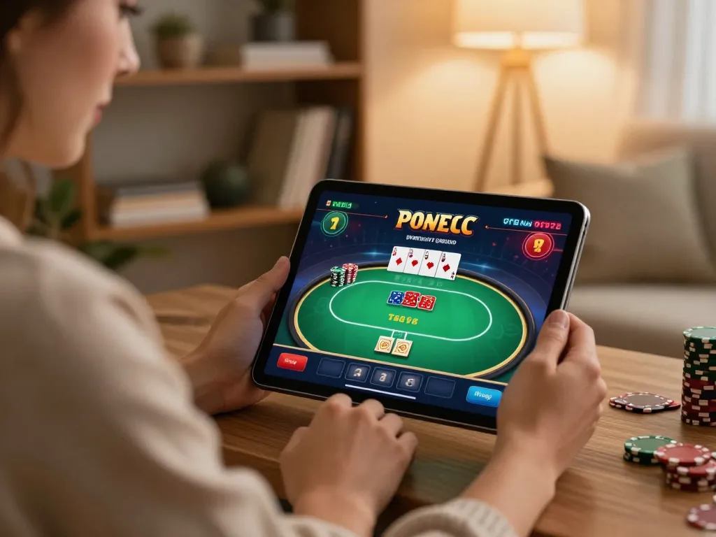 Player enjoying a sun win poker game on a tablet in a cozy home setting.