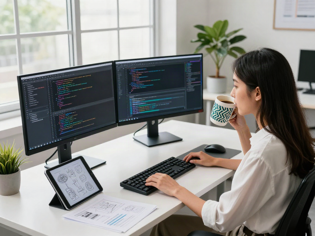 Software developer focused on bro138 coding at a modern workspace with dual monitors and creative tools.