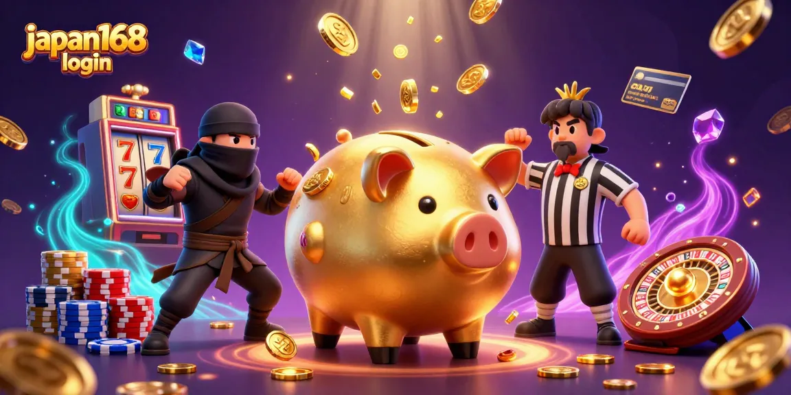 Engage with japan168 login featuring a sumo wrestler golden piggy bank, slot reels, and casino elements in action.