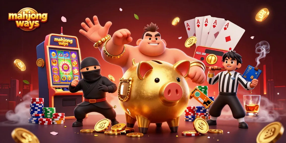 Experience thrilling mahjong ways slots with a lively scene of a piggy bank sumo wrestler and card elements.