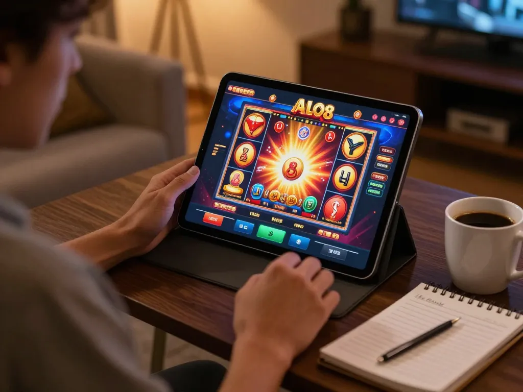 Player enjoying ALO8 casino app on tablet in cozy home setup