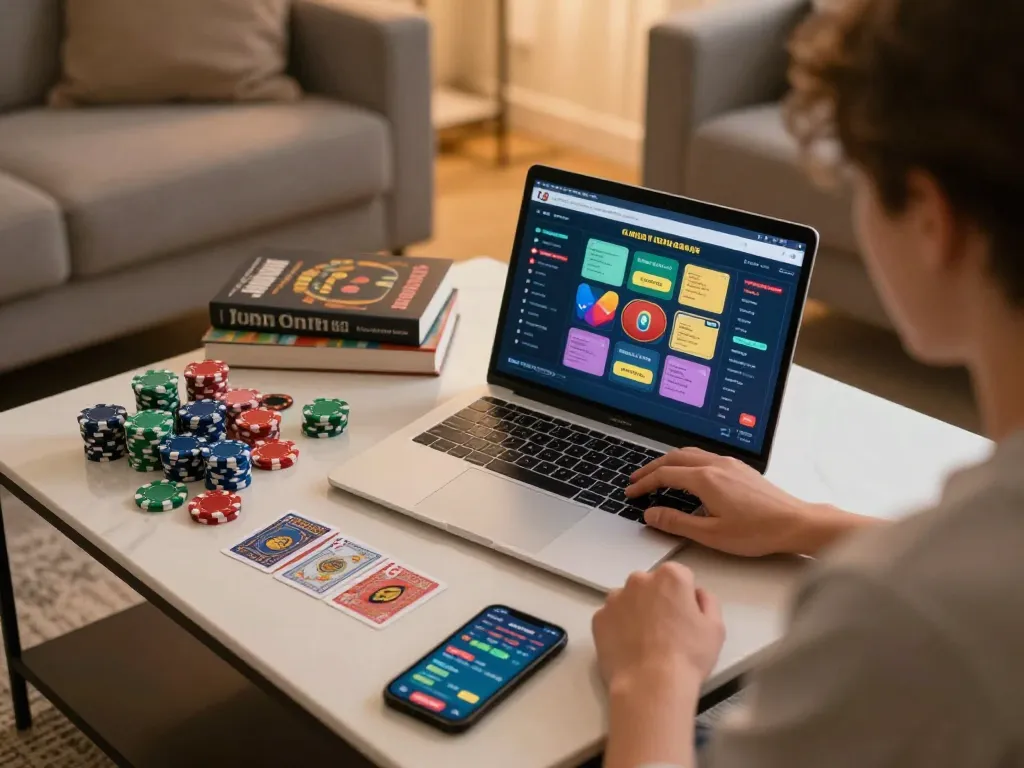 Player engaging with ALO8 casino game on a laptop, surrounded by chips and cards in cozy home environment.
