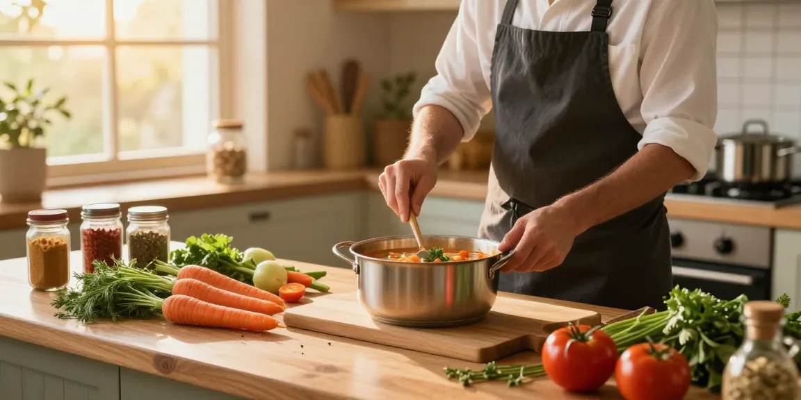 Leckere vegane Suppen, die mit frischen Zutaten in einer gemütlichen Küche zubereitet werden.