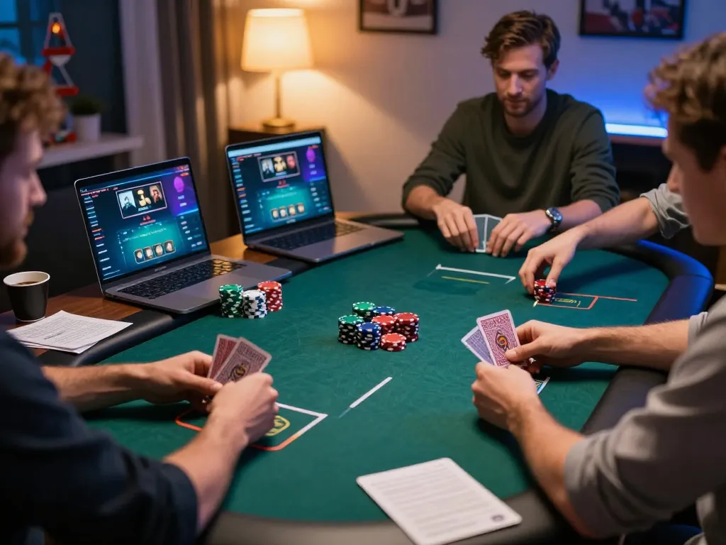 Muraibet players engaging in online poker gameplay, showcasing strategy and excitement