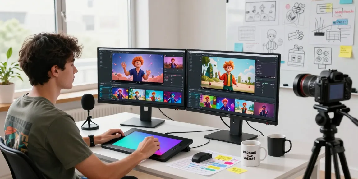 Professional video creator using ai seedance 2.0 in a modern studio with dual monitors and vibrant graphics.